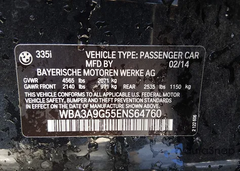 2014 BMW 335I из США, поврежденный, VIN WBA3A9G55ENS64760